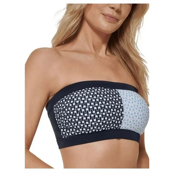 Tommy Hilfiger Iconic Colorblock Bandeau Bikini Top Monogram Sky Blue XS NWT - Picture 1 of 6